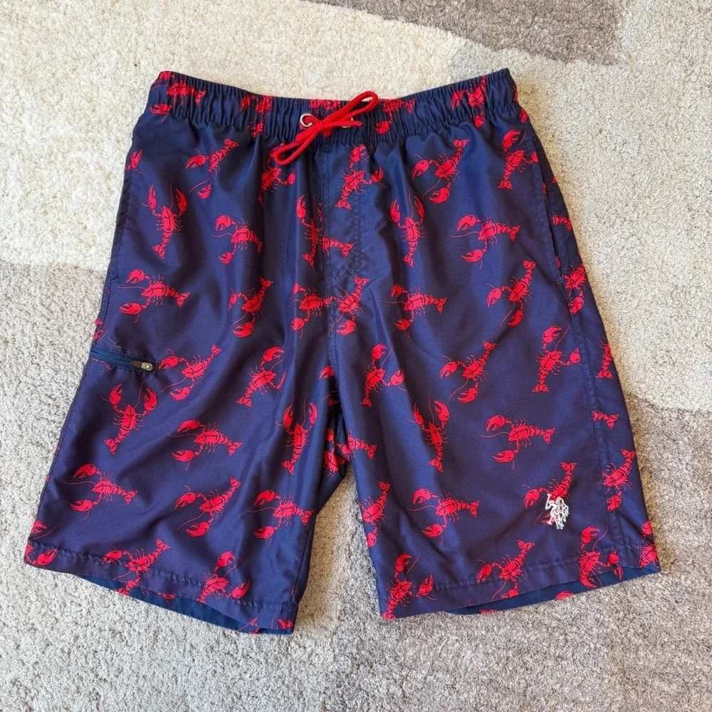 U.S Polo Assn Navy Blue Lobster Print Swim Trunks Board Shorts 10-3567-P6 Size L